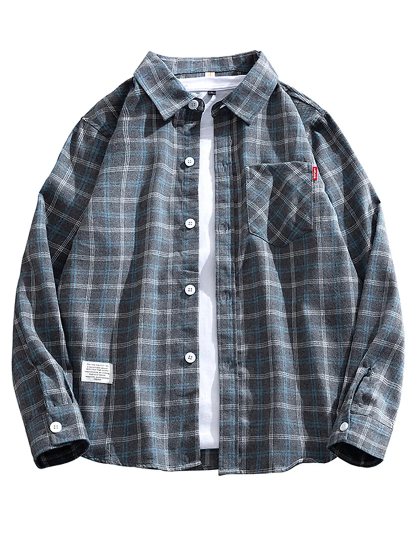 Men's Lightweight Classic Collared Plaid Checked Button-Down Pocket Shirt, Oversized Breathable Woven Top, Tag Detail, Casual Spring & Fall Streetwear, Button Front