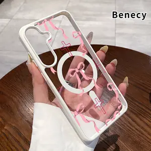 Pink Bow Cross Pattern Magnetic Phone Case Compatible with Samsung Galaxy S23 Ultra S24 Plus FE S25 S22+ Non-Yellowing Clear Crystal Drop-proof Slim Silicone Shockproof Transparent Acrylic Cover Supports Wireless Charging