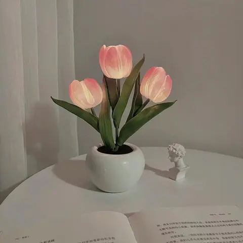 Flower Table Lamp , decorative lights, artificial flowers, table lampsTulip Desk LED Night Light for Home Living Room Decor Artificial Flower with Vase Table Centerpieces for Birthday Holiday Party Wedding Room Halloween and Christmas Decorations