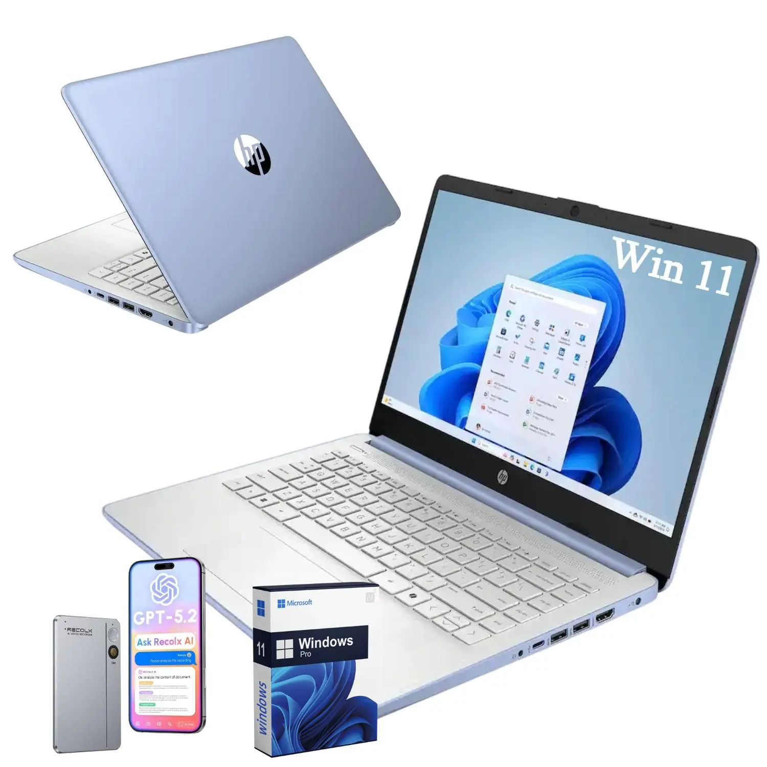 HP 14 Inch Student Laptop, Intel Processor N150 Up to 3.6GHz, 4GB RAM 128GB Storage, 1 Year Office 365, Windows 11 Pro Slim Notebook for School & Daily Work,Bundle Accessories