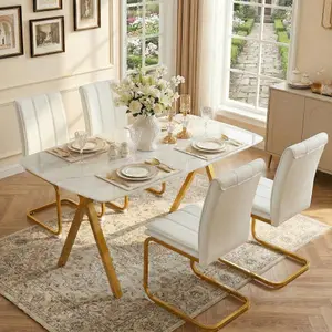 51.2 Inch 4-6 Seater Modern White Faux Marble Dining Table, Rectangular Tempered Glass Dinner Table with Gold A-Shaped Metal Legs, Luxury Kitchen Table for Dining Room Kitchen Apartment
