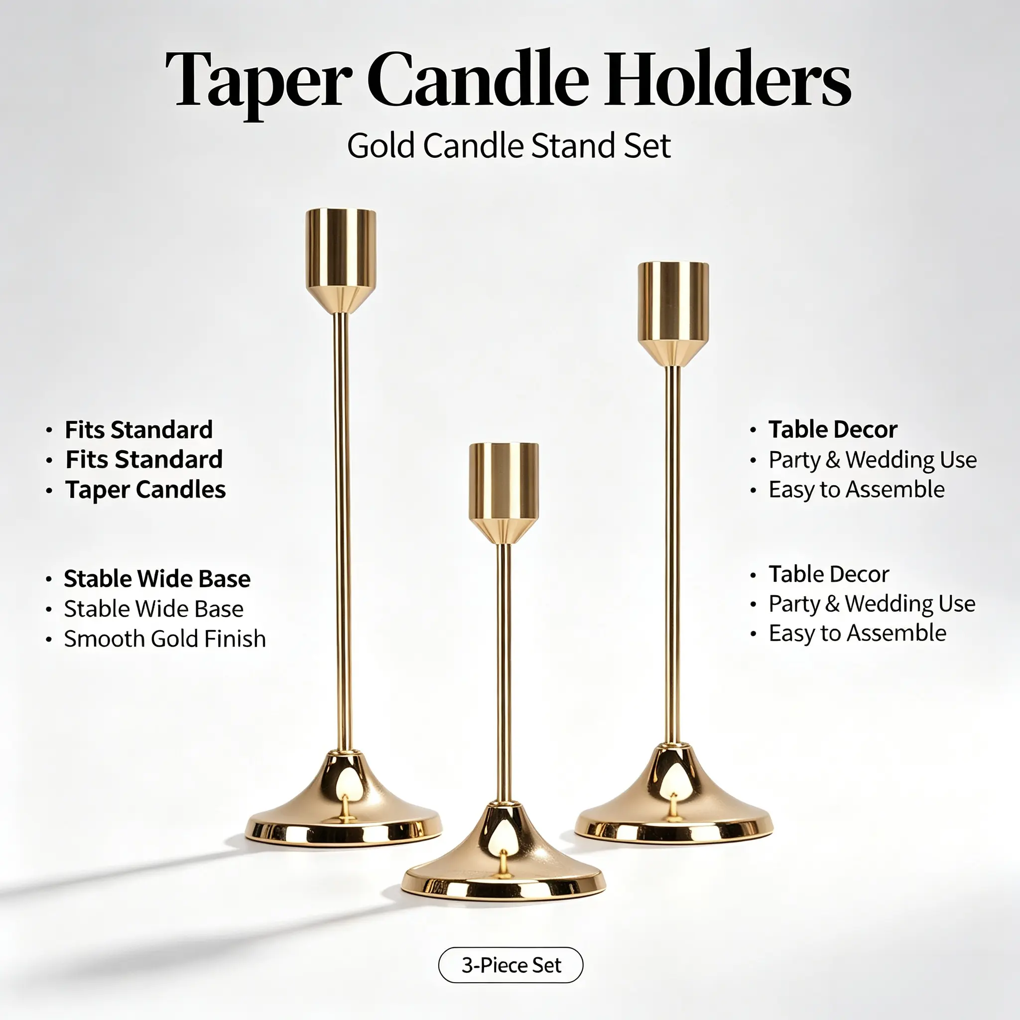 3-Piece Retro Metal Cone Tapered Candle Holder Set - Home Decor Room Decor Accessories for Weddings, Anniversary, Restaurant Events with Glamour Magic Touch