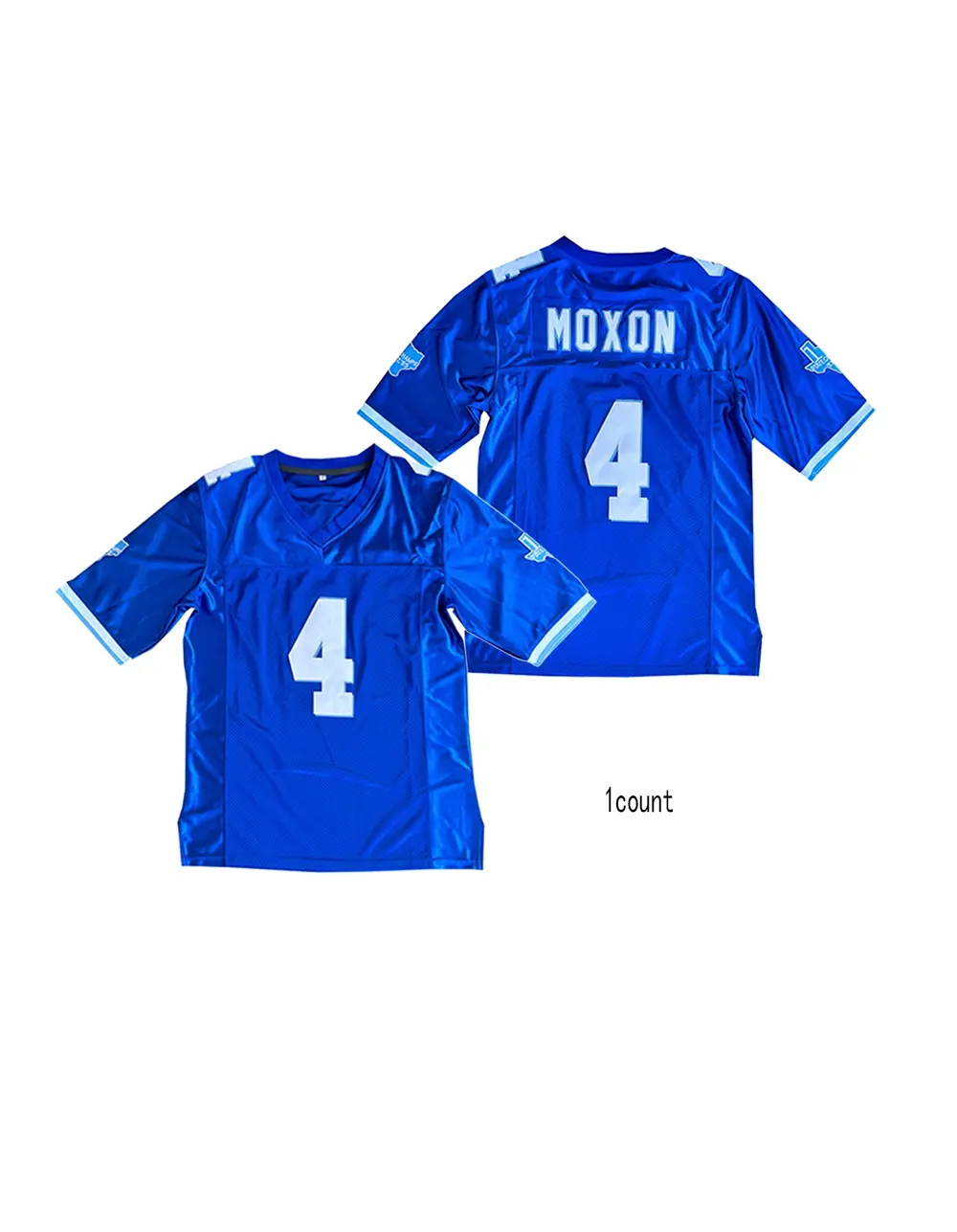 Men's Movie Varsity Moxon #4 West Canaan Coyotes Blue Embroidery Football Jersey - Professional Sports Top for Sports, Outdoor Activities, Jersey Shirts