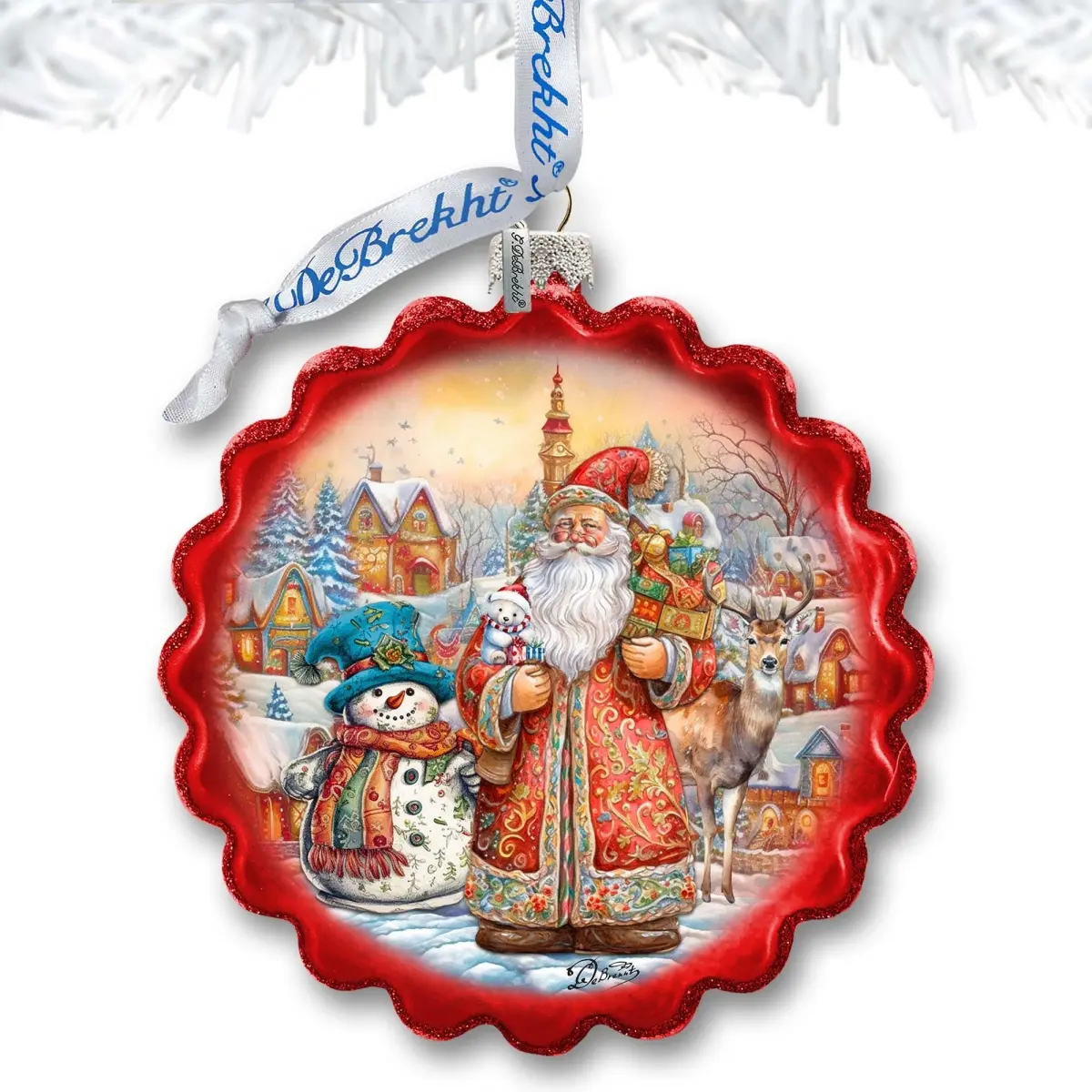 Designocracy 759-058 4x3 in. Jolly Christmas Wreath Glass Ornament, Satin-Painted Glass Tree Decoration with Santa, Snowman for Festive Home Decor, Glasses