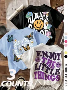 Women's Casual Short Sleeve T-Shirt Set, Butterfly Flower Smiley Print, Round Neck, Summer Wear, Loose Fit, 3 Piece, Casual Fashion Loose