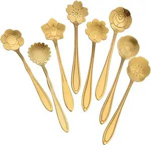 5-Inch 8 Pcs Flower Spoon Coffee Teaspoon Set, Drink Stirring Spoon for Dessert, Coffee, Ice Cream, Tea (Gold) Cutlery Stainless Steel Tableware