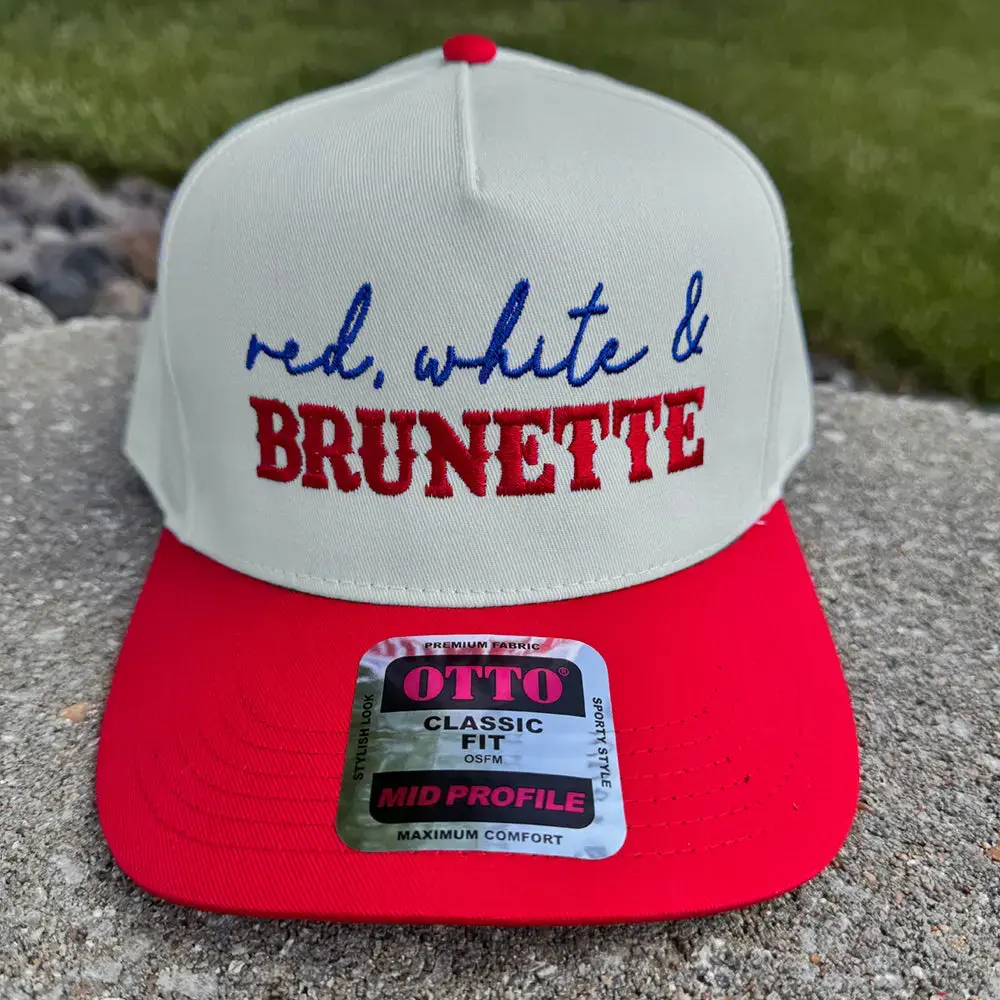 Funky Patriotic USA Theme Trucker Hat for Women - Red White & Brunette Breathable Adjustable Snapback, Casual 4th of July Female Accessory, Memorial Day Graduation Gift