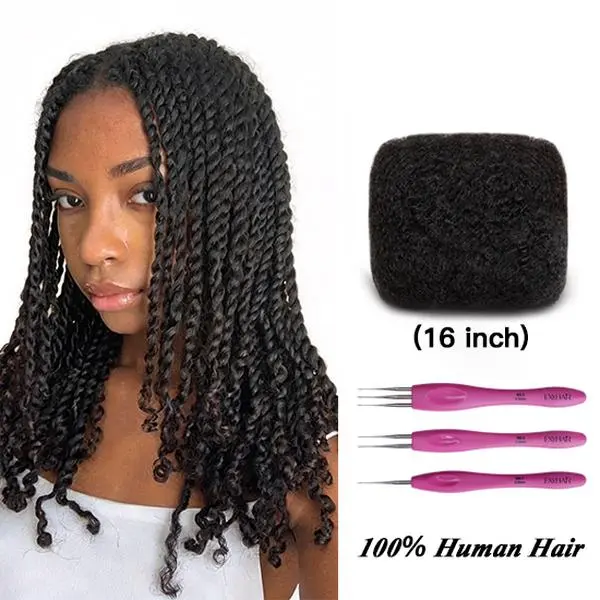 Exyhair 16 inch Afro Kinky Bulk Human Hair for Dreadlocks Twisting and Braiding, Afro Twist, with Crochet Hook
