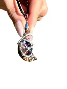 Soulmate Moon Amulet Pendant with Black Satin Cord, Rose Quartz, Rhodonite, Garnet, Amethyst Crystals