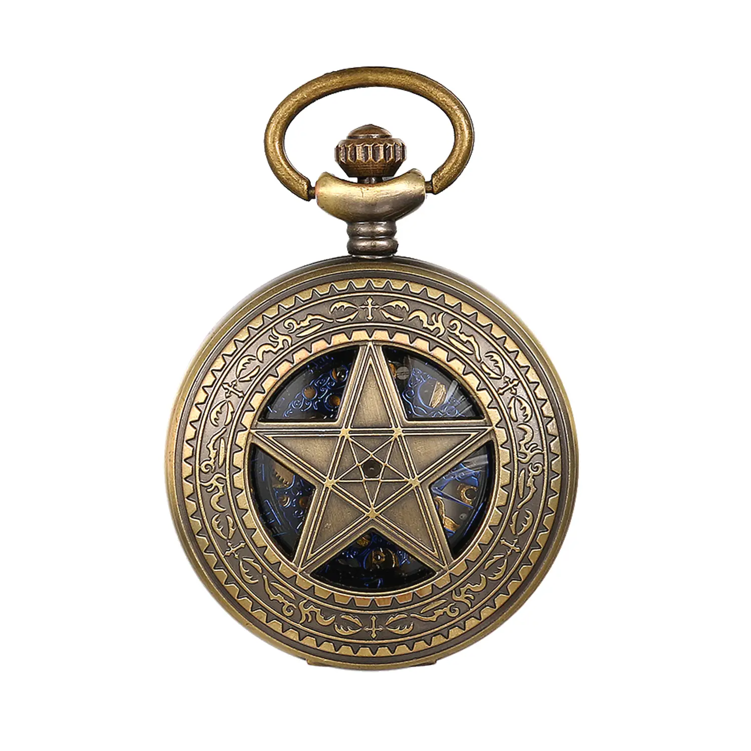 OIDEA Vintage Bronze Alloy Pocket Watch with Star Cutout, Unisex Automatic Mechanical Movement, Blue Roman Dial, Gift Box, Five-Pointed Star Cutout