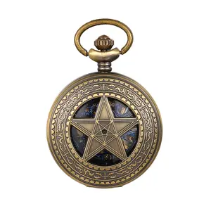 OIDEA Star Pentagram Automatic Mechanical Pocket Watch, Hollow Bronze Case, Blue Roman Dial, Short Chain with Gift Box, Vintage Unisex
