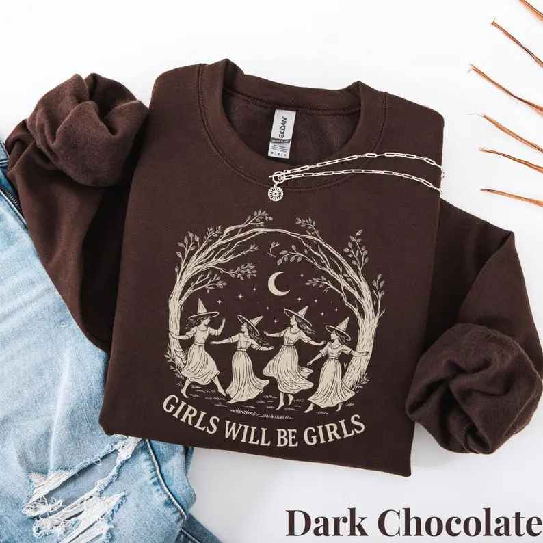 Vintage Girls Will Be Girls Witch Sweatshirt Funny Witch Coven Crewneck Halloween Cottagecore Sweater Witchy Vibes Gift Pullover