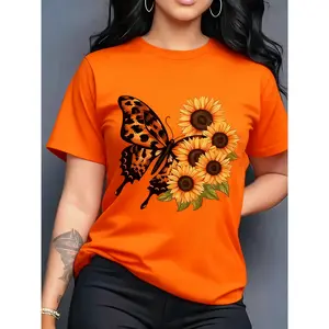 100% pure cotton, available in multiple colors, women's casual short-sleeve round neck T-shirt - vibrant sunflower and butterfly pattern print, lightweight breathable fabric, machine washable spring and summer top, casual style T-shirt