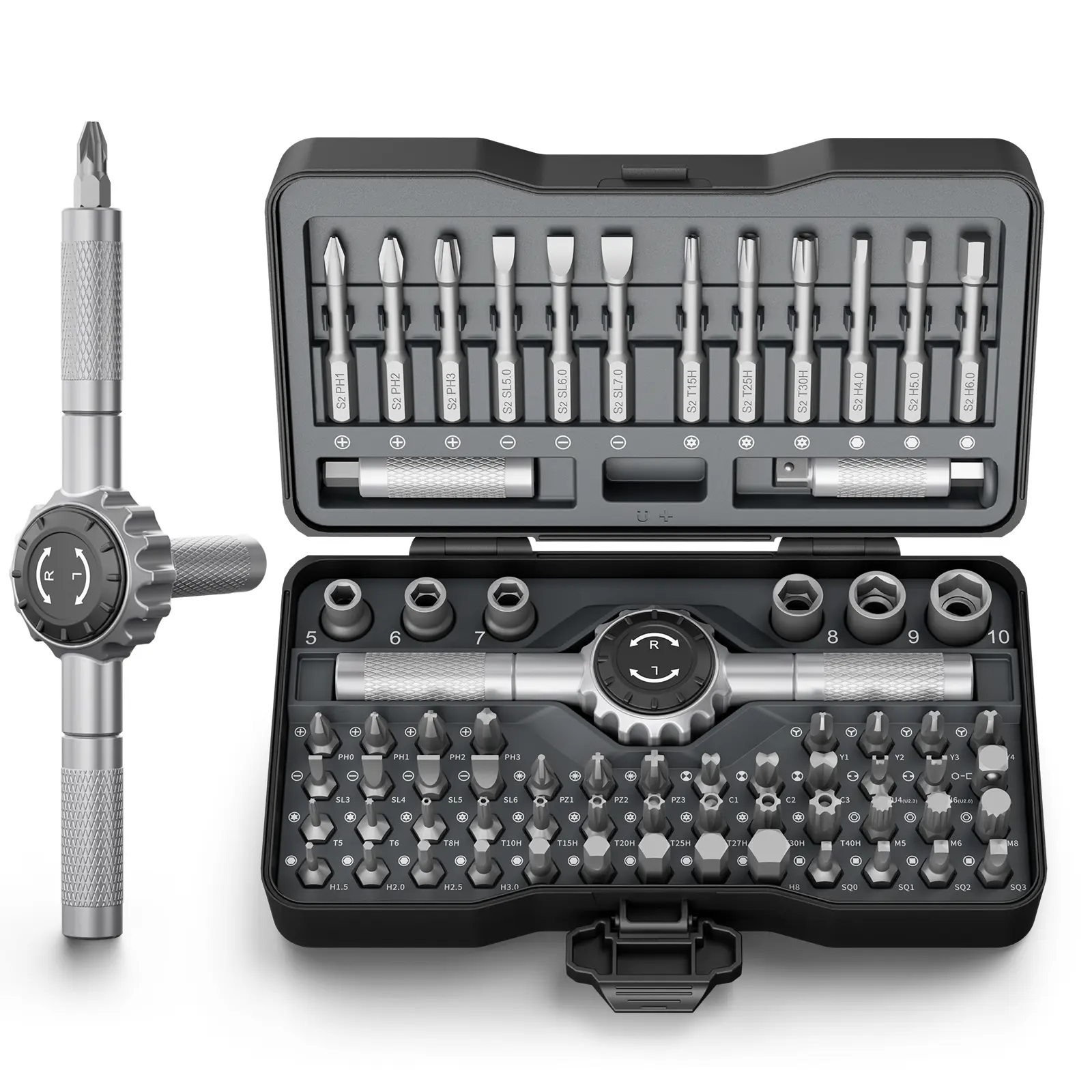 Humwam 71-in-1 T Handle Ratchet Screwdriver Kit, 72-Tooth Magnetic Ratchet Driver, S2 Steel Bits, Sockets & 4 Extension Bit Holders, Multi-Purpose Repair Tool for Car, Bike, Furniture & Home DIY Projects