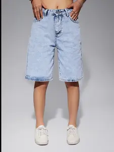 Women's Light Blue Fashion Casual Loose Fit Denim Shorts, Slim-Fitting Summer & Spring Jeans, Versatile Plain Basic Clothing