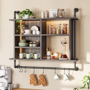 Raybee Floating Shelves with LED Light 4-Tier Wall Mount Wine Shelves for Dining Room Kitchen Shelf Adjustable Open Cabinet with 8 S Hooks Living Room Coffee Bar Pantry Storage Decor Rack Interior Display Furniture