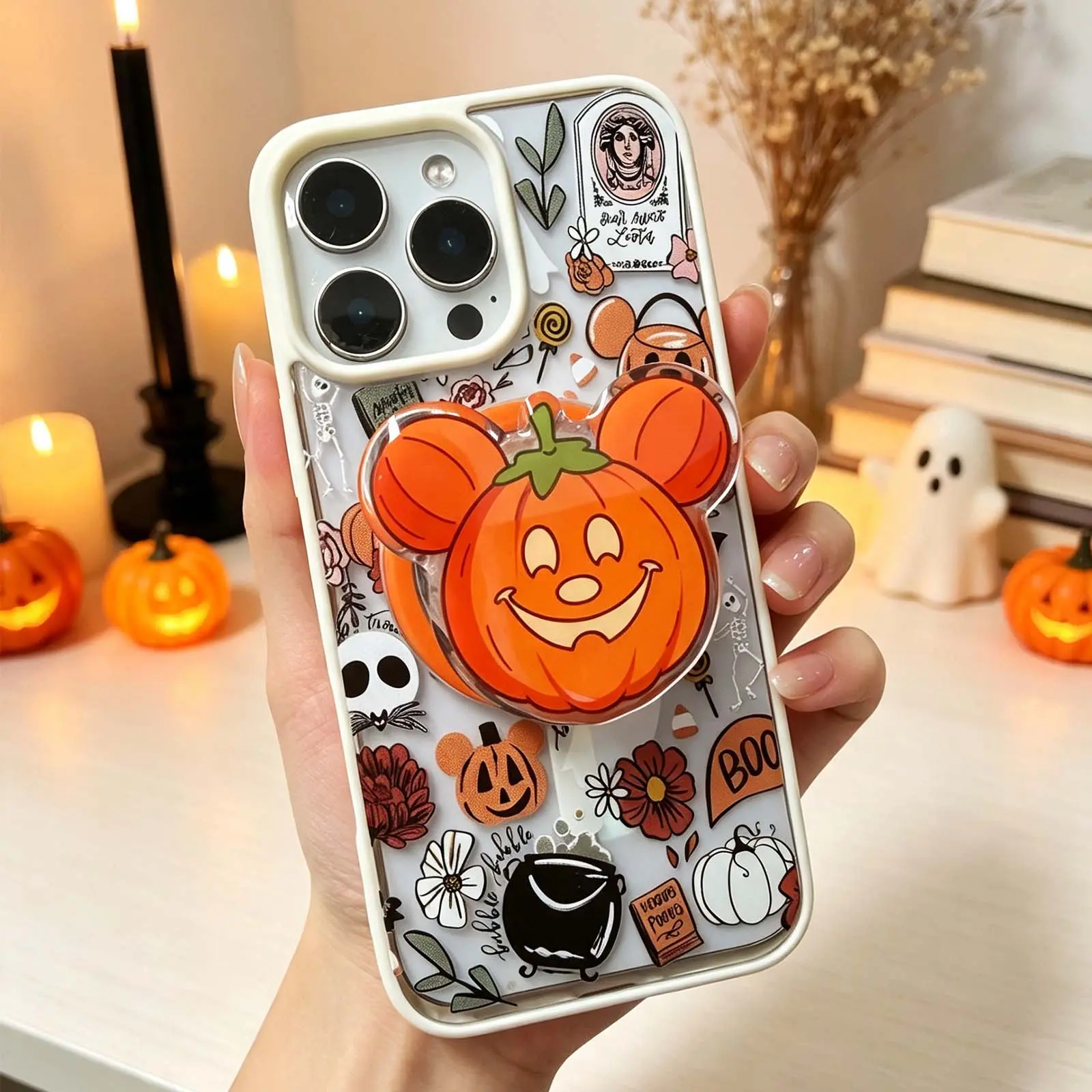 Halloween Spooky Cute MagSafe Phone Grip Holder | Mouse-ear Pumpkin & Cute Ghost design phone stand Compatible with Strong Magnet | Pop-out Finger Ring for One-hand Hold and Selfies Handy