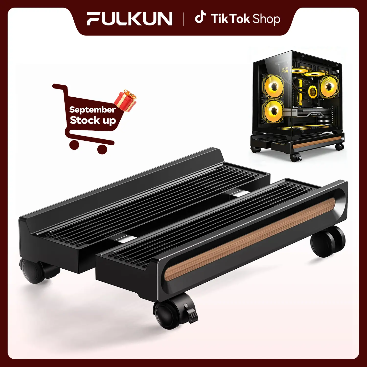 Fulkun Adjustable PC Stand for Floor, PC Tower Stand with Locking Caster Wheels, Ventilated Computer Tower Riser, Mobile CPU Holder for Gaming & Office