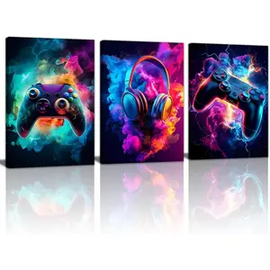 3Pcs Framed Gaming Canvas Wall Art Prints Cool Video Gamer Painting Neon Gamepad Headphones Posters Colorful Game Controller Pictures Esports Artwork for Teen Boys Bedroom Play Room
