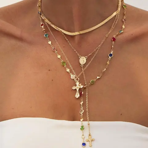 4 Piece Vintage Metal Jesus Cross Y-Style Long Necklace Set, Stunning Bohemian Colorful Crystal Pendant for Women, Perfect for Everyday and Vacation Wear, Boho Necklace