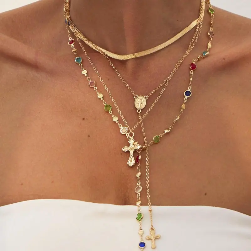 4 Piece Vintage Metal Jesus Cross Y-Style Long Necklace Set, Stunning Bohemian Colorful Crystal Pendant for Women, Perfect for Everyday and Vacation Wear, Boho Necklace