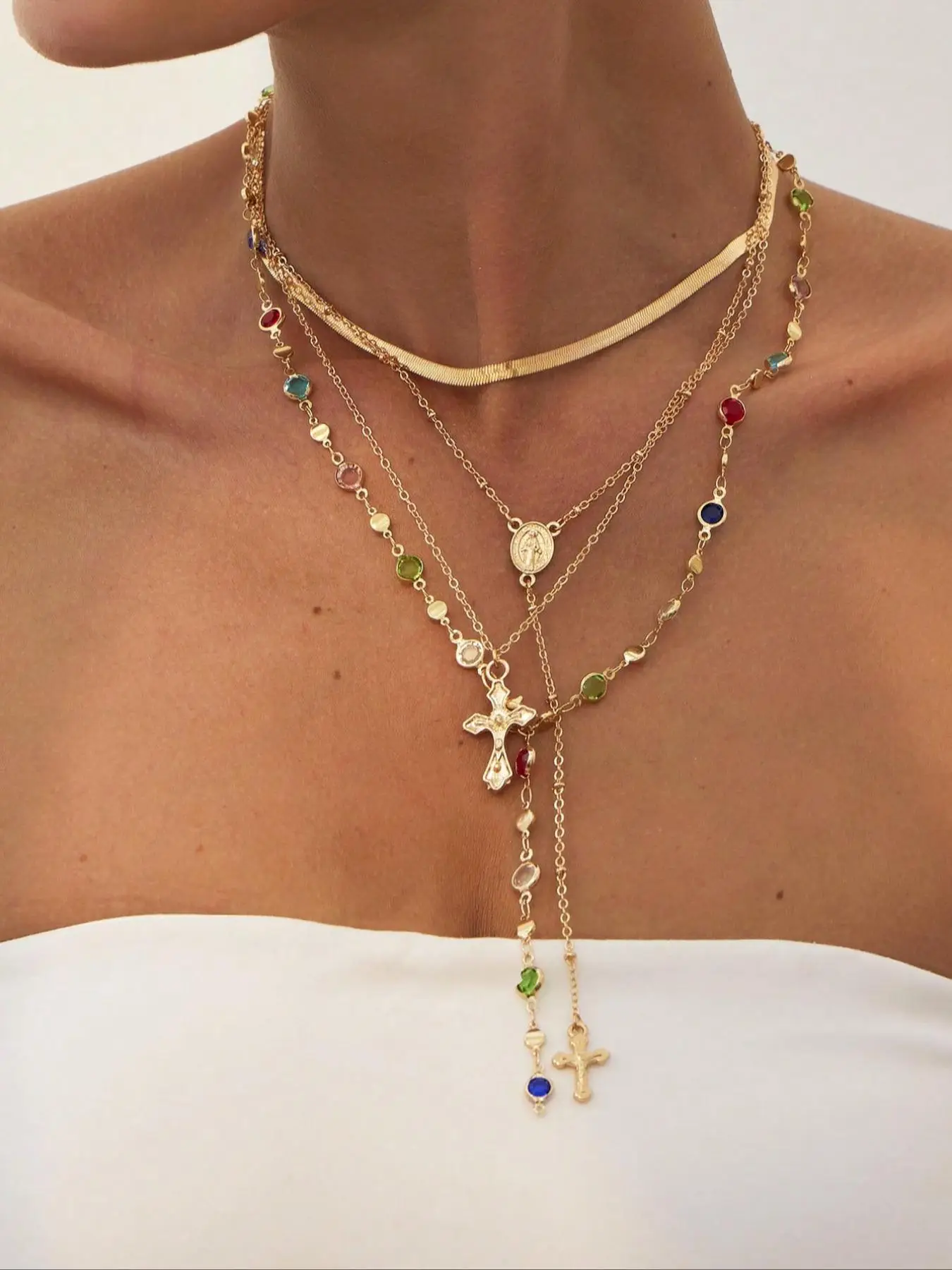 4 Piece Vintage Metal Jesus Cross Y-style Long Necklace Set, Stunning Bohemian Colorful Crystal Religious Pendant Daily Wear Zirconia Crucifix Pendant