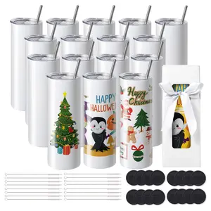 VEVOR 16 Pack Sublimation Tumblers 20oz Skinny Straight,  Stainless Steel Sublimation Tumblers Blank, Stainless Steel Double Wall Tumbler for Heat Transfer Customized Gifts with Lid and Straw