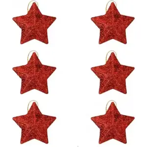 6 Pcs Christmas Tree Star Toppers Mini Glitter 1.97 Inch Red Star Ornaments Star Hanging Decorations for Holiday Xmas New Year Party Home Bedroom Decor