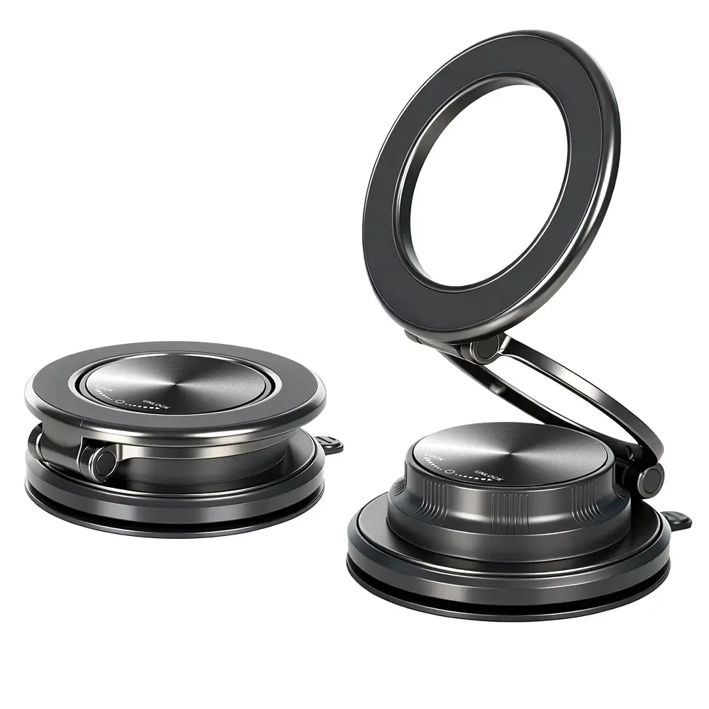 Vacuum Suction Phone Holder, 360-Degree Rotatable Aluminium Car Cellphone Mount with Magnetic Windshield Stability, Compact Multifunctional Car Accessories