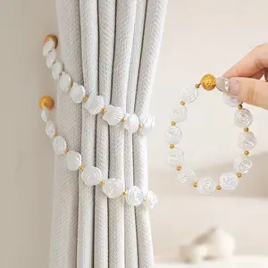 ✨   No-Drill Magnetic Curtain Tiebacks - Elegant Pearl Chain & Seashell/Rose Clips |   Boho Chic Window Holdbacks For Sheer Drapes |   Damage-Free Living Room/Bedroom Decor