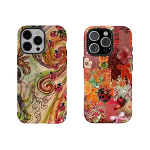 [No magnetic]  Vintage Ladybug Collage Phone Case,Aesthetic Dual-Layer design durable phone Cover,Swirl & Floral Print for iPhone 17 16 15 14 13 12 11 8 7 for Samsung Series,Shockproof Protective hard Cover,perfect gift for her