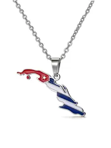 Women's Cuban Map Flag Pendant Necklace, Pride Pendant in Gold and Silver Color, Enamel Cuban Flag Design, 50cm Stainless Steel Chain