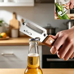 1pc New Multi-Functional Solid Wood Handle Stainless Steel Sharp Peeler With Bottle Opener Essential Kitchen Tool For Fruits Vegetables Peeling
