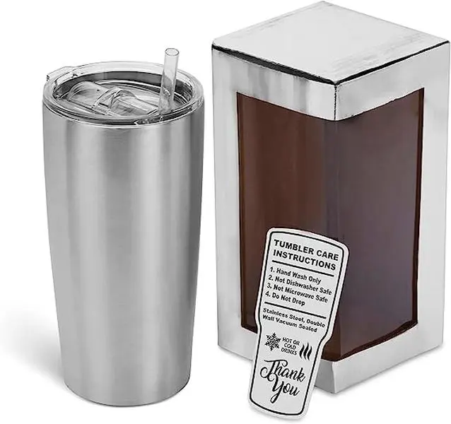 Makerflo 20 Oz, Stainless Steel Insulated Travel Tumbler with Splash Proof Lid and Straw (Silver) Drinkware Flasks