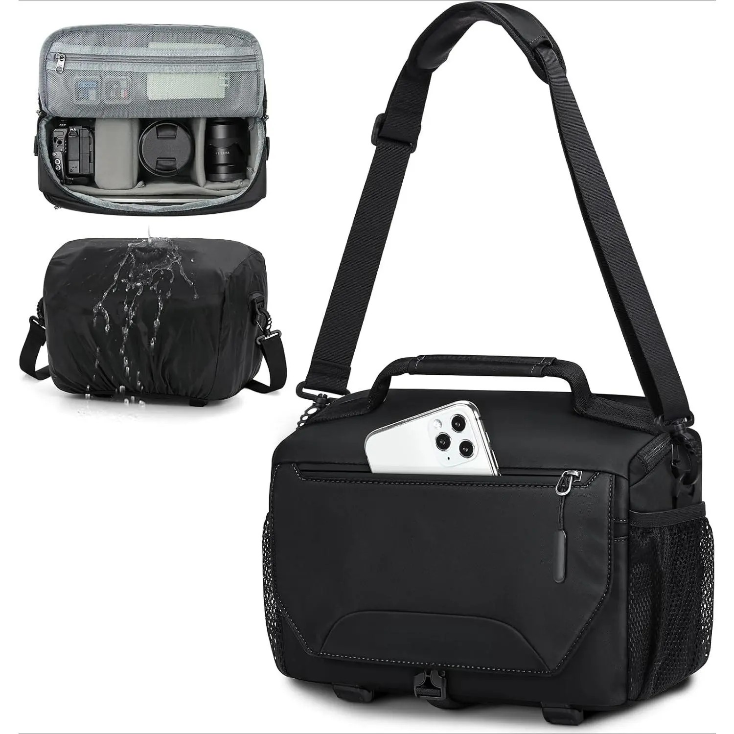 F-PHP02  Camera Bag, Small DSLR/SLR/Mirrorless Camera Sling Bag Waterproof Camera Case with Tripod Holder & Rain Cover Compact Crossbody Camera Bags for Photographers Everyday Shoulder Bags, Black