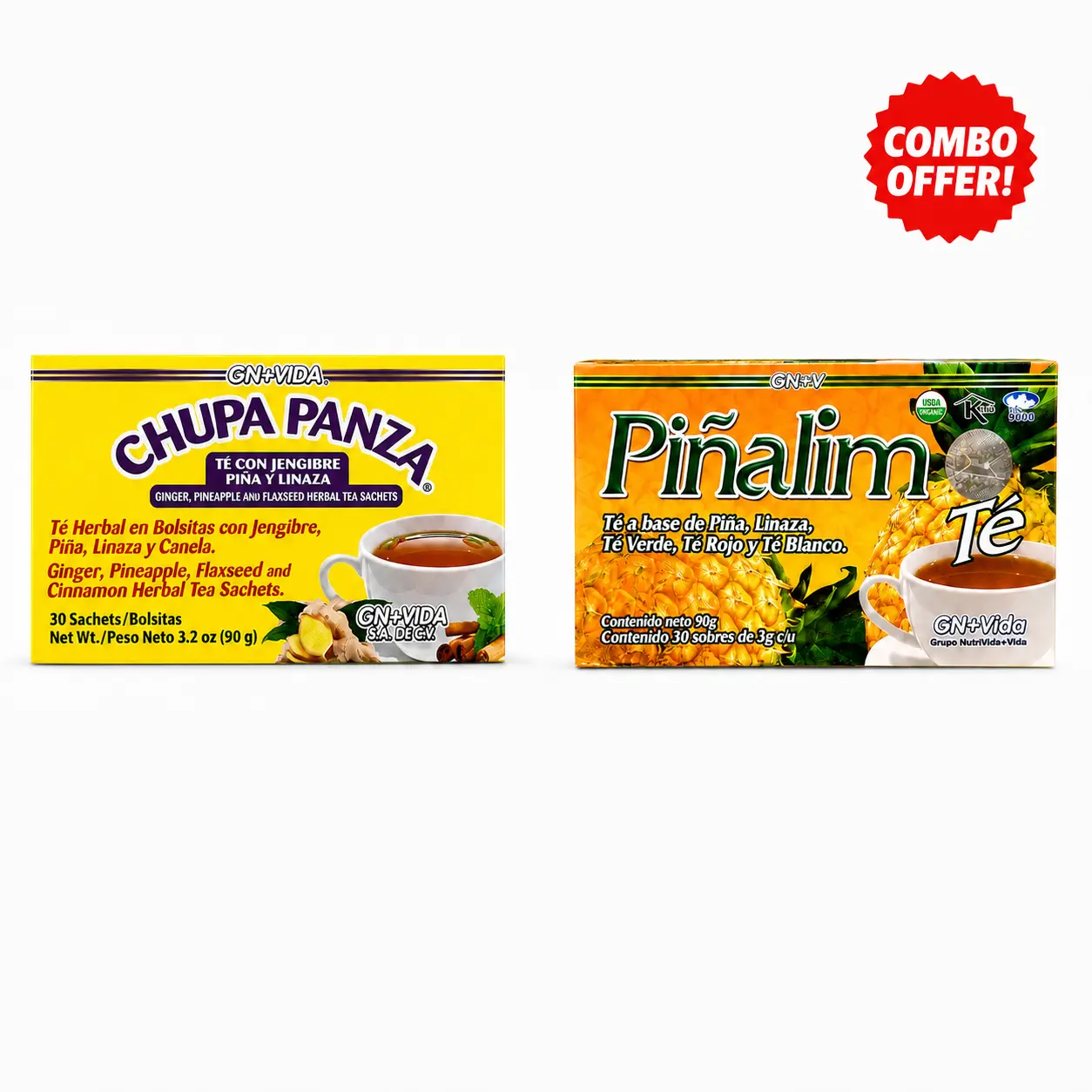 Chupa Panza Tea + Pinalim Tea Combo Pack Famous Mexican Flaxseed Herbal Tea Ginger & Pineapple, Green, White, Cinnamon, Beverage