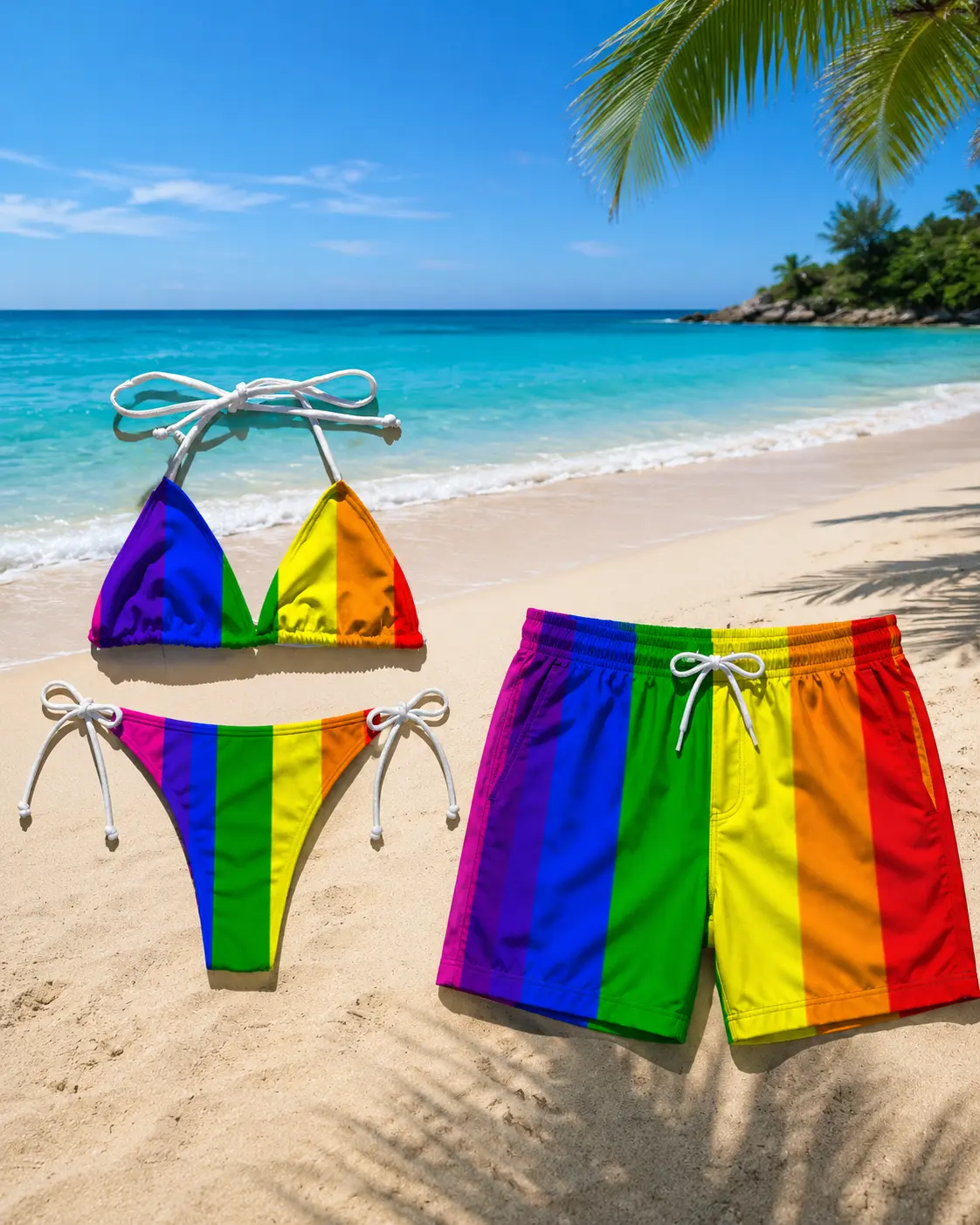 Rainbow Pride Matching Swimwear Set, LGBTQ String Bikini & Hawaiian Shorts, Couples Beach Outfit, Pride Parade Summer Swimsuit