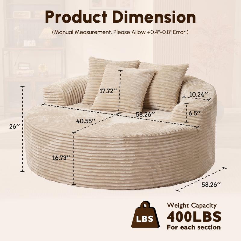 【Fall Deals For You】Ovios 59" W Oversized Round Sofa Bed - Fluffy Lazy Bean Bag, Modern Deep Seat Couch for Relaxation, Plush Corduroy Fabric, 3 Pillows Included, No Assembly Required