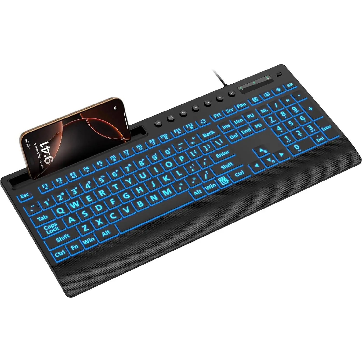 Large Print Backlit Keyboard, USB Wired Computer Keyboard with Backlight Memory Function, Wrist Palm, 7-Color Lighted Office  Keyboards,Light Up Keyboard for Windows Desktop, Laptop, PC