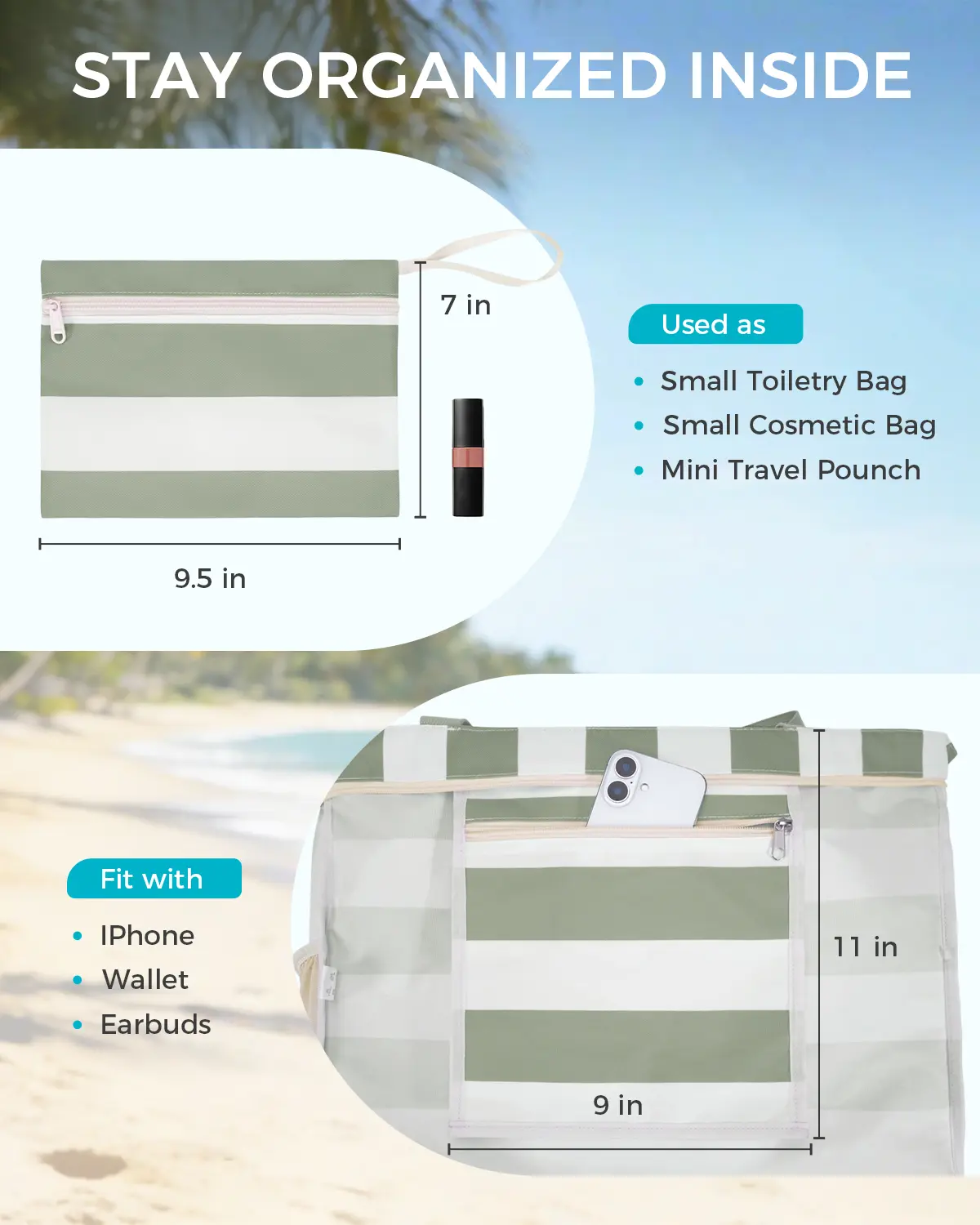 Beach Bags for Women, Large Waterproof Sandproof Beach Tote Bag with Zipper Family Pool Bags with 40oz Tumbler Pocket, Swim Cruise Vacation Essentials | 40oz Tumbler Pocket