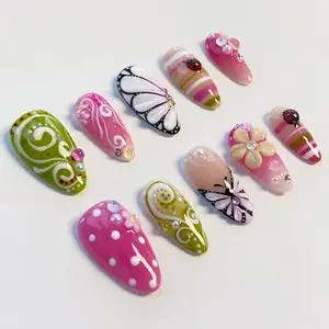 Crystal Fn Butterfly Garden 3D Press On Nails, Handmade Almond Nails with Pink Flower, Ladybug and Butterfly Art, Reusable Cute Spring Press On Nails for Women