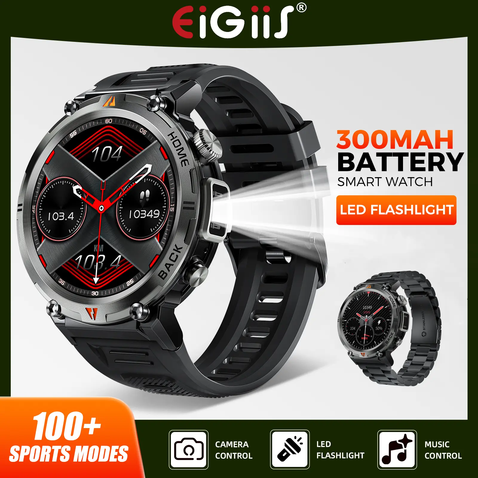 KE3 Tactical Smart Watch for Men with LED Flashlight (Answer/Make Calls), Outdoor Rugged Smartwatch for Android & iOS, IP67 Waterproof Fitness Activity Tracker with Music Player & Sport Modes, Perfect Gift for Him