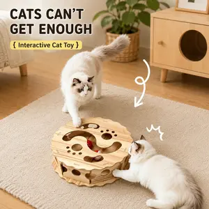 1pcs Solid Wood Cat Interactive Toy, Dual Bell Ball Puzzle Box, Indoor Kitten Entertainment Training Disk, Engaging Chase Spinner