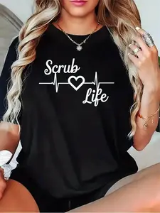 Scrub Life Women's Scrubs T-Shirt - Short Sleeve Round Neck Casual Top with Heartbeat & Love in Medicine Print, Caring Suitable for Healthcare Workers, Machine Washable (Black, Grey, White, Dark Red)