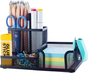 Mesh Pen Holder Desk Organizer Black, 3 Compartments with Sticky Notes Holder for School and Home Office Use