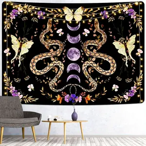 Bohemian Floral and Snake Tapestry with Moon Phases - Polyester Wall Hanging Decor for Bedroom, Living Room, Indoor Spaces - Transverse Brushed Fabric, Knit Weave, No Electricity Needed, Includes Free Installation Kit (1pc)