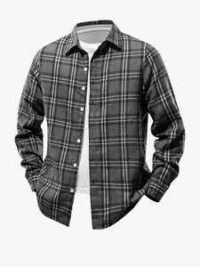 Men's Casual Striped Plaid Checked Shirt Jacket, Long Sleeve Woven Fabric, Fitted Style, Fall & Winter Essential Outerwear