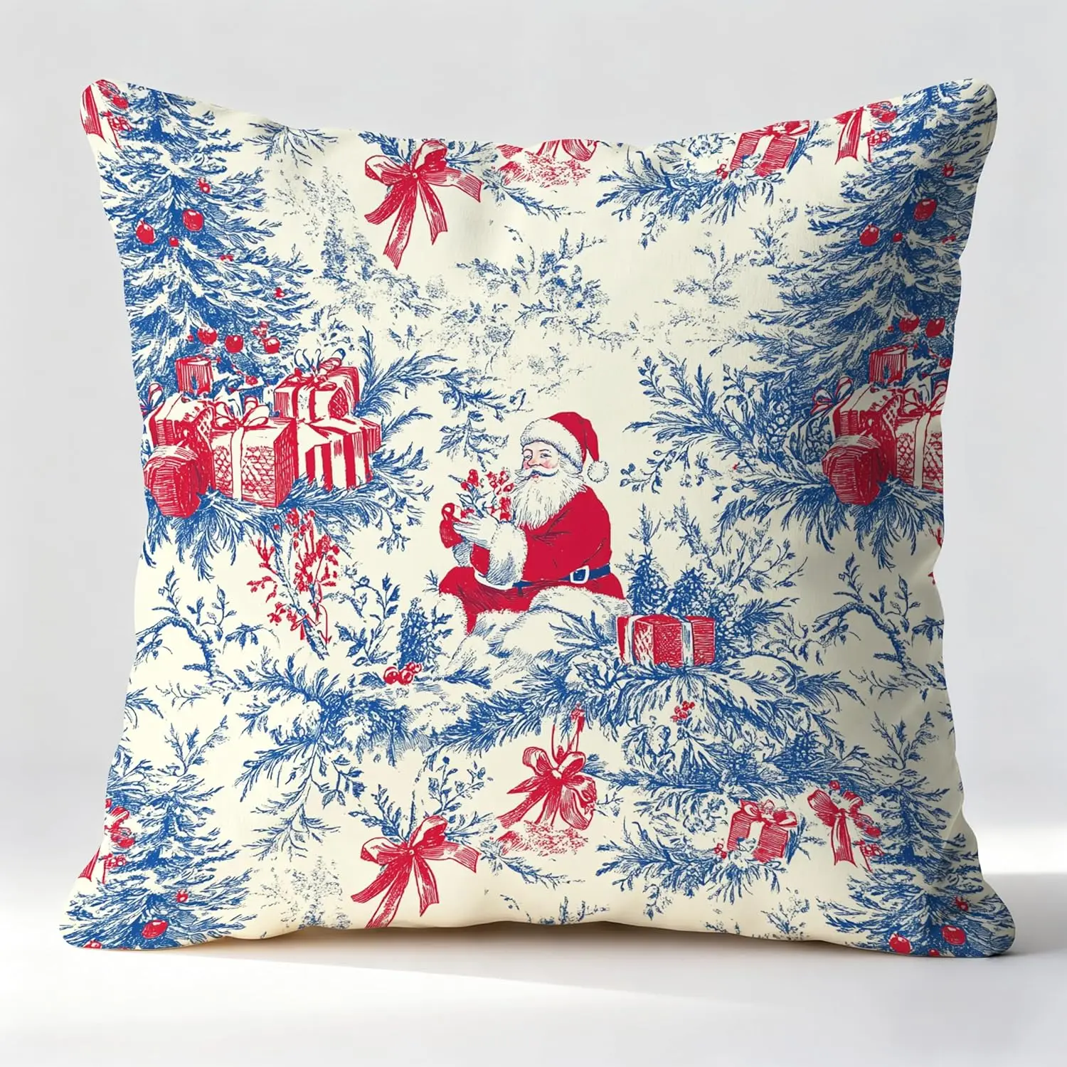 Chinoiserie Christmas Santa Pillow Covers 18x18,Grandmillennial Christmas Decor,Red and Blue Xmas Tree Santa Holiday Decorative Throw Pillow Covers for Home Bedroom Living Room