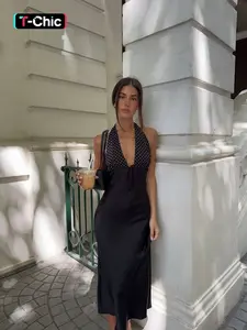 Elegant Vintage Polka Dot Splice Satin Halter Backless Deep V Neck Sleeveless Long Dress, Slim-Fitting Formal Evening Party Gown for Women