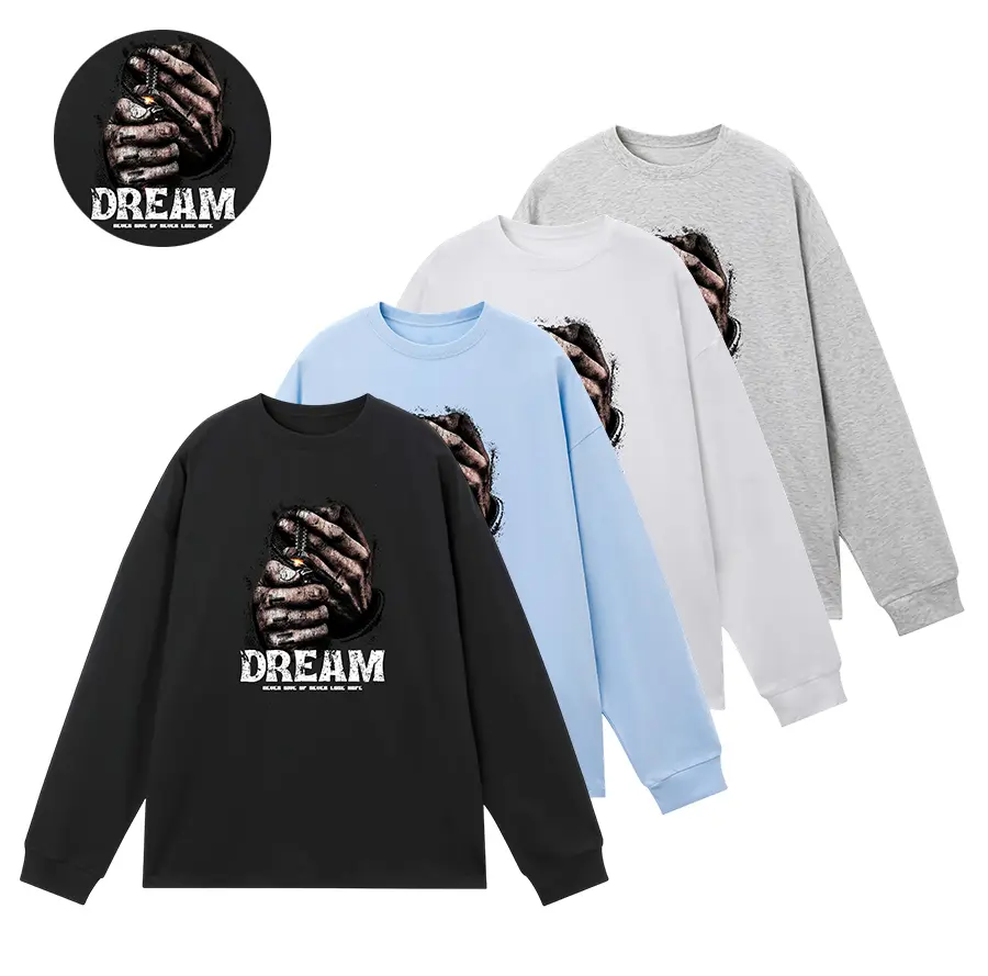 American vintage distressed handheld lighter DREAM letter long-sleeve T-shirt, 100% combed long-pile cotton, loose drop-shoulder, available in multiple colors, basic streetwear layering top